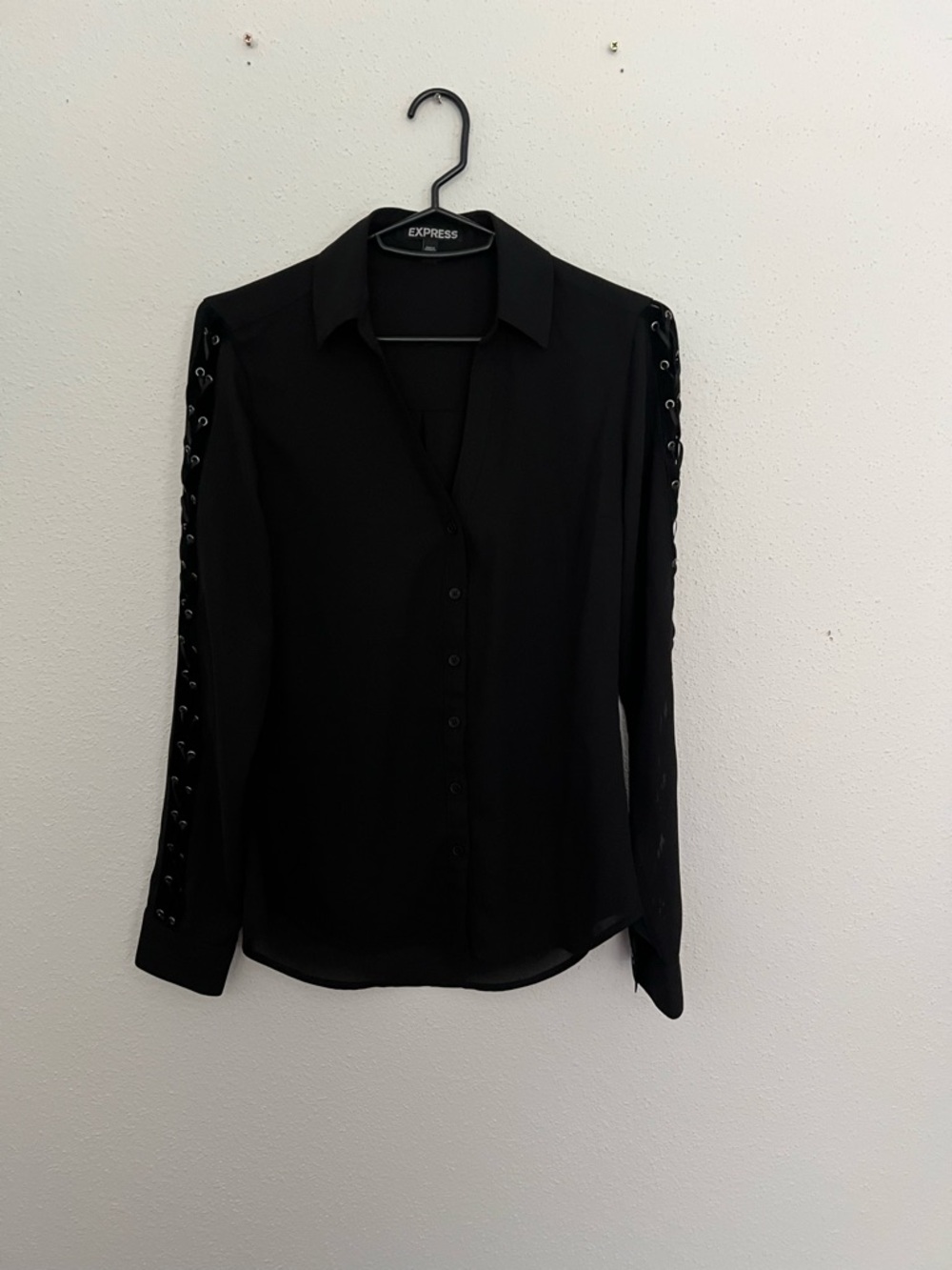 Express Black Button-Up Blouse with Lace-Up Sleeve Detail
